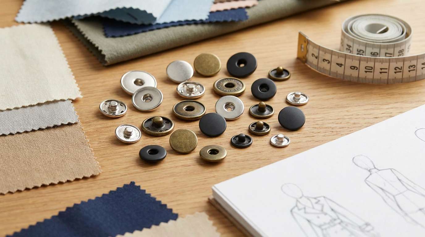 13mm snap buttons, 13mm snap buttons in silver, brass, and black finishes are arranged beside fabric swatches and a measuring tape on a worktable.